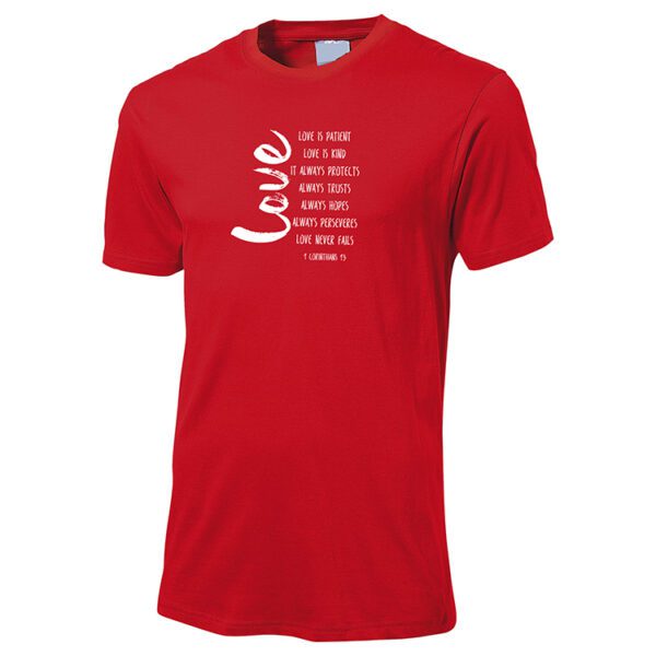 tshirts-love-red.jpg 1 Corintians 13 Love Never Fails T-shirt - Red