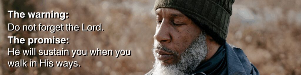 Reflective man outdoors with text reading “The warning: Do not forget the Lord. The promise: He will sustain you when you walk in His ways,” illustrating Deuteronomy 8 meaning.