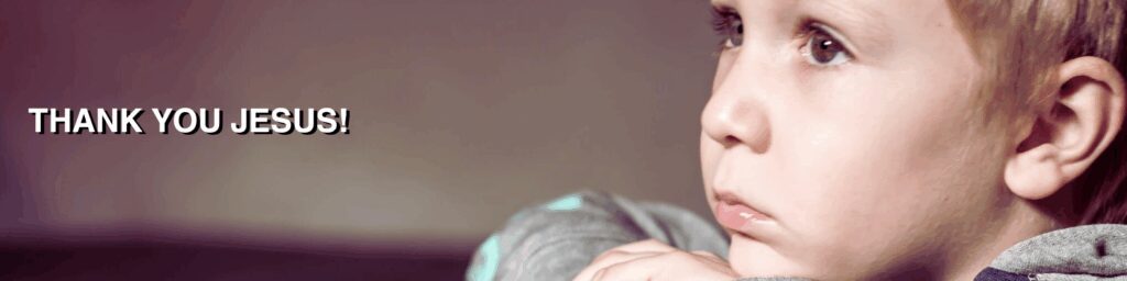 Young child looking upward with soft expression beside the text “Thank You Jesus!”, representing gratitude and the hope expressed in Micah 7 understanding.