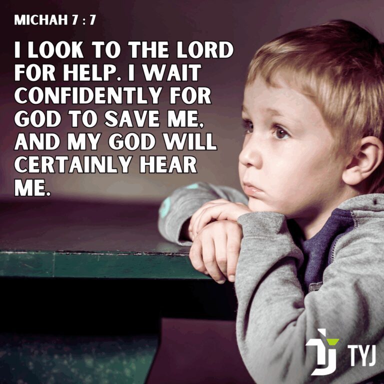 Young child looking upward with hopeful expression beside Micah 7:7 text “I look to the Lord for help; I wait confidently for God to save me,” illustrating Micah 7 understanding about waiting on the Lord.