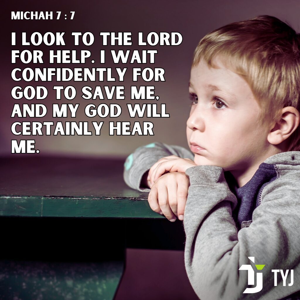 Young child looking upward with hopeful expression beside Micah 7:7 text “I look to the Lord for help; I wait confidently for God to save me,” illustrating Micah 7 understanding about waiting on the Lord.