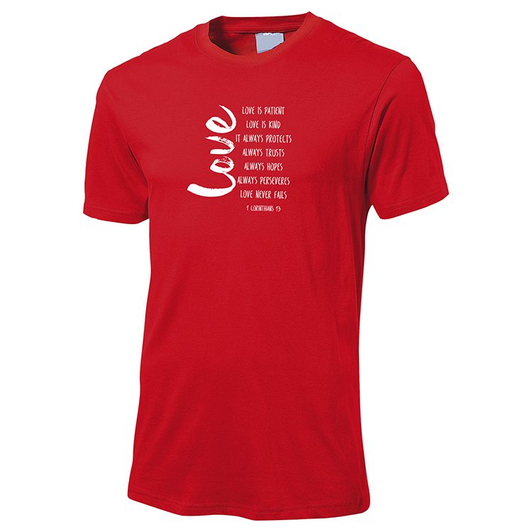 1 Corintians 13 Love Never Fails T shirt Red TYJ